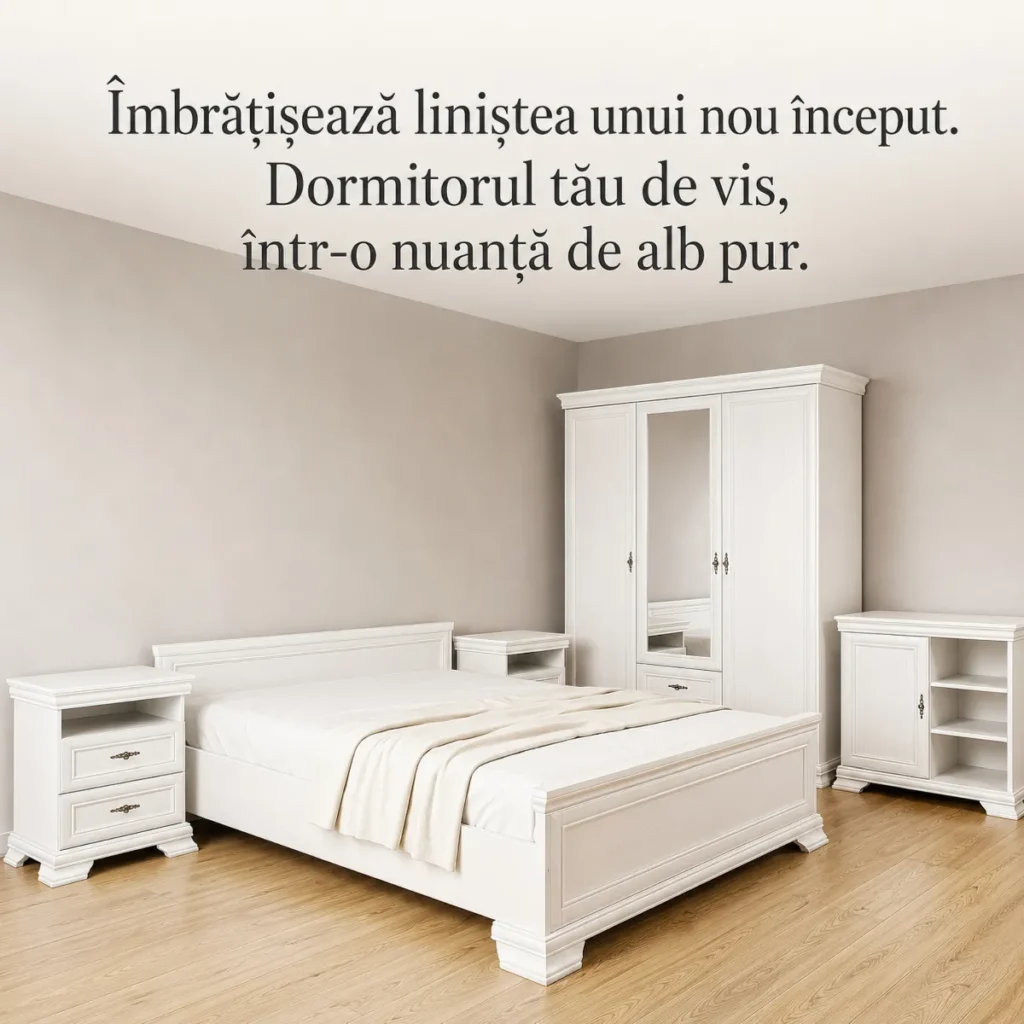 Dormitor alb complet cu pat matrimonial, dulap cu oglindă și noptiere, într-un decor elegant și luminos